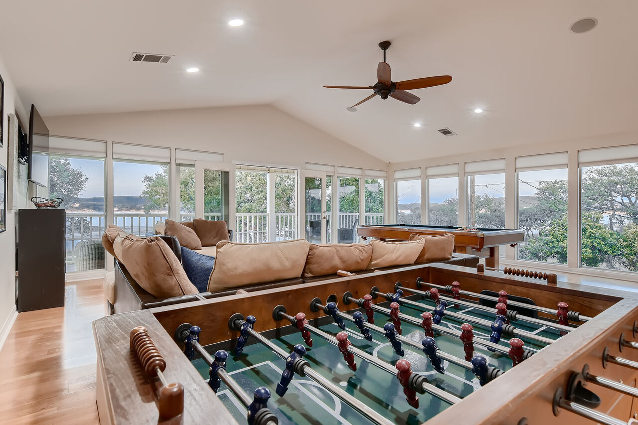The game room in one of our rentals for an Austin Memorial Day