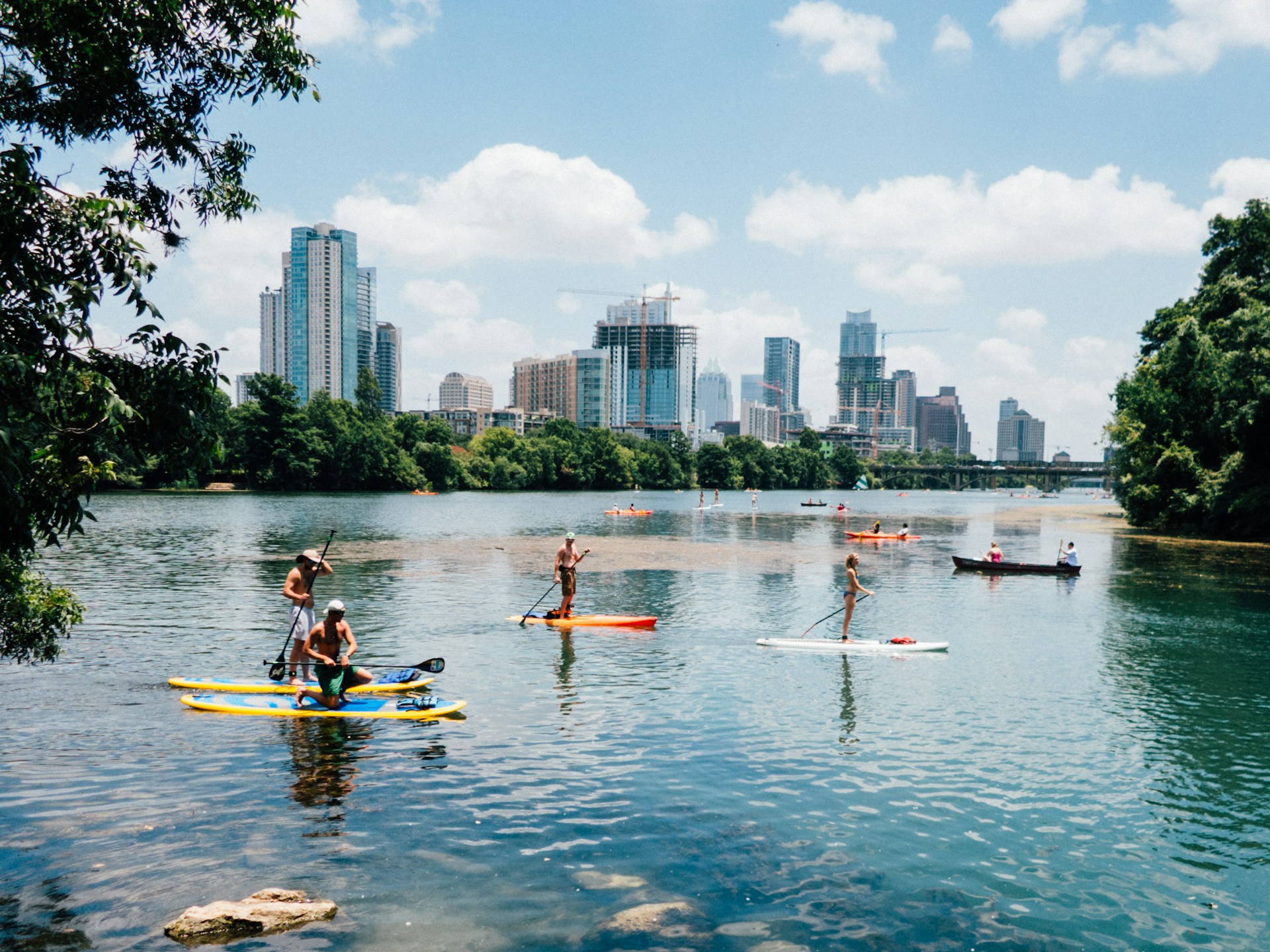 People on stand up paddle boards on lake
